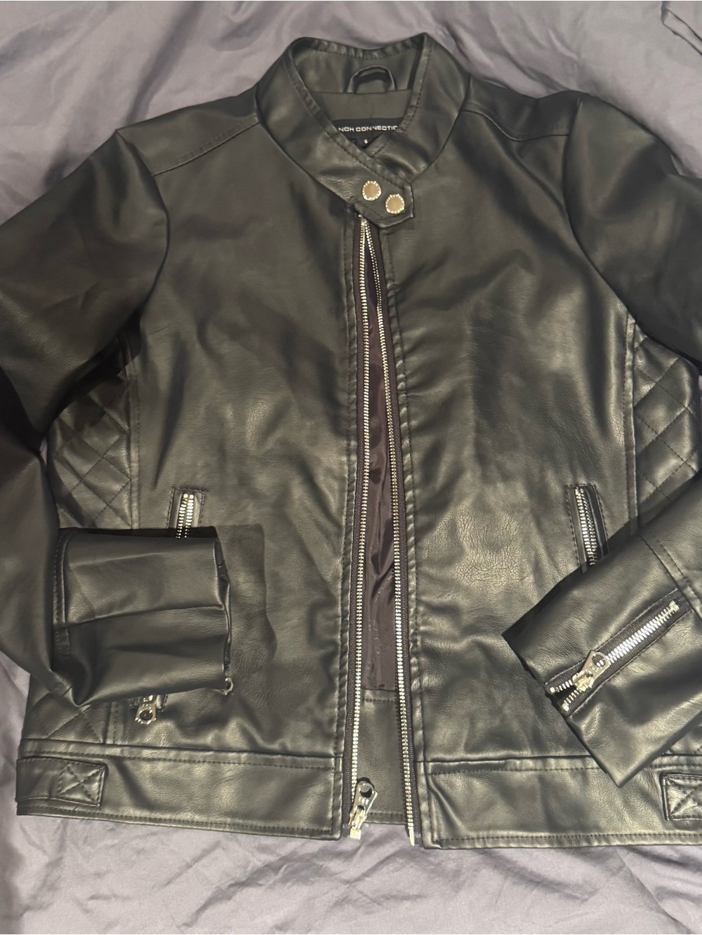 French Connection Black Faux Leather Jacket with Logo Lining